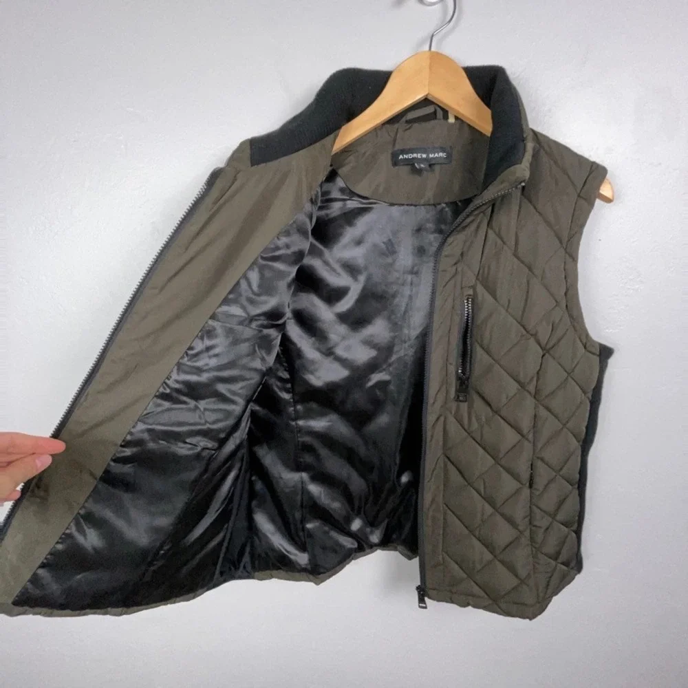 Andrew Marc Quilted Vest Women XL Olive Full Zip Ribbed Trim Puffer Outdoor Hike